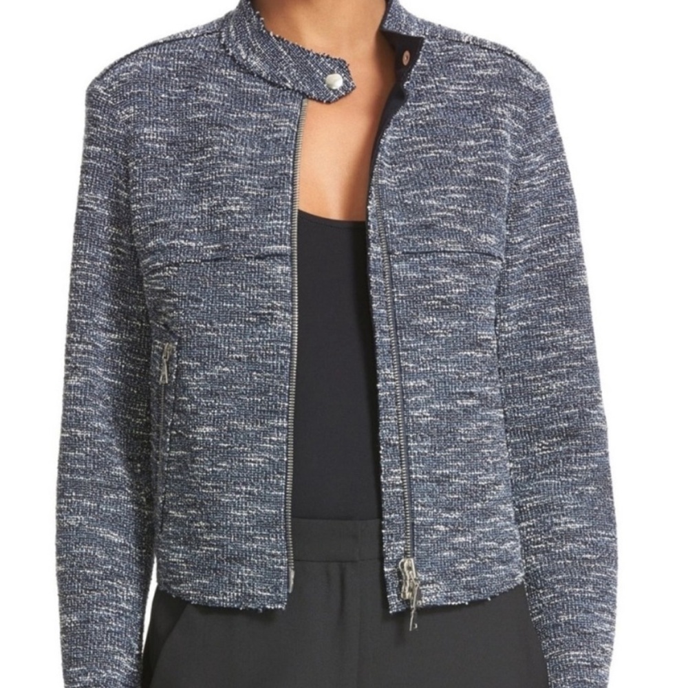 THEORY Bavewick Branson Moto Jacket Blue Tweed Raw Hem Size Medium